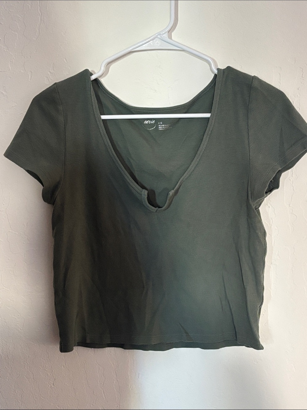 aerie Olive Ribbed Scoop Neck Short Sleeve Crop Top